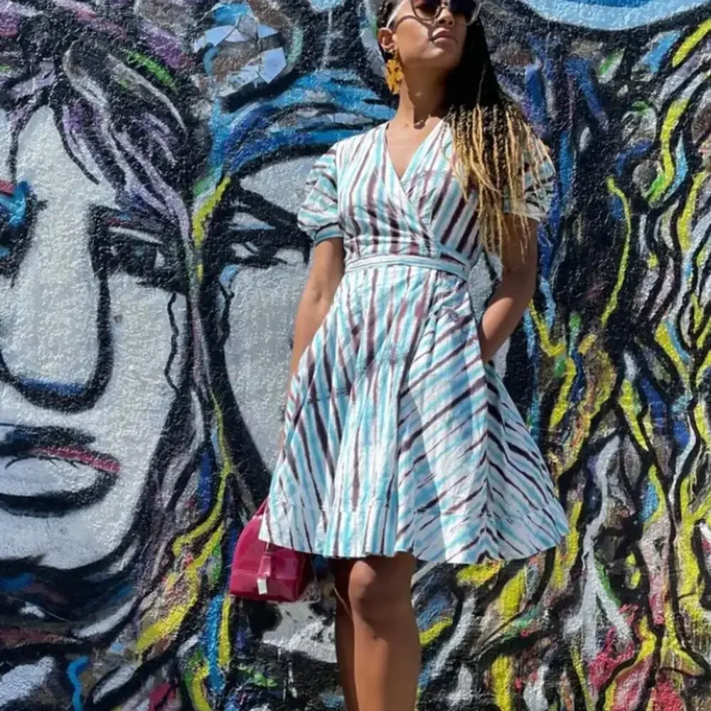 Diane Von Furstenberg Blue Tie Dye Wrap Dress SMALL Work Cotton Puff Sleeve $417 - Picture 7 of 11